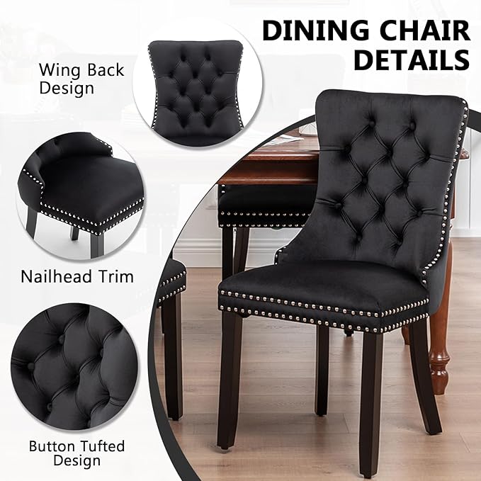 Kiztir Velvet Dining Chairs Set of 4, Upholstered Dining Room Chairs with Ring Pull Trim and Button Back, Luxury Tufted Dining Chairs for Living Room, Bedroom, Kitchen (Black)