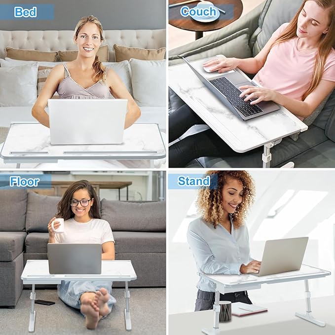 Bed Desk for Laptop - Marble Pattern, Adjustable X-Large Foldable Lap Desk, Laptop Lap Desk with 2 Movable Stoppers and Drawer for Bed Couch Floor Writing Eating Working (23.6 inch)