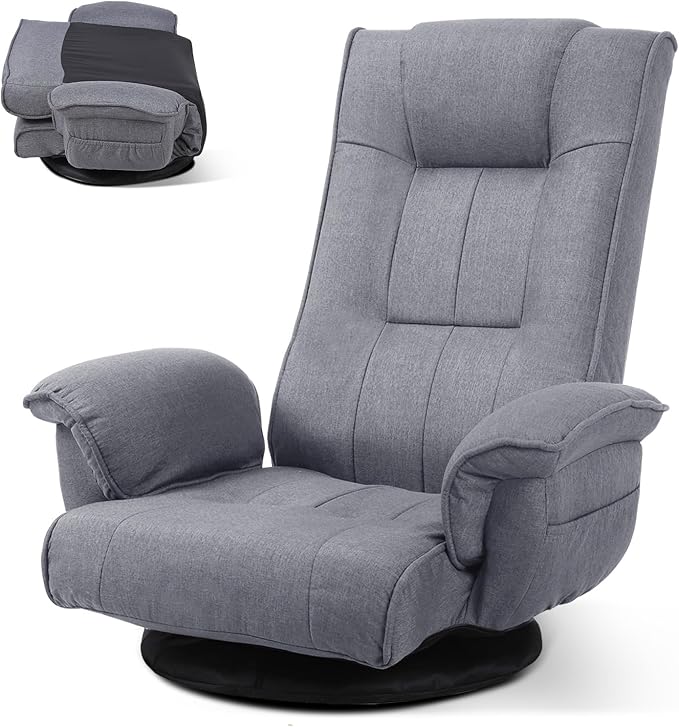 Linen Fabric Ergonomic Gaming Chair, 6-Position Reclining Sofa Bed with Lumbar Support, Foldable Floor Lounger with Thick Cushion, Armrests & Side Pockets for Esports, Reading, Napping (Grey)