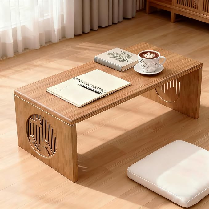 Japanese Folding Coffee Table, Foldable Low Coffee Tables, Bamboo Floor Table Desk for Sitting on The Floor, No Assembly, Portable Living Coffee Table (39.4 Inch)