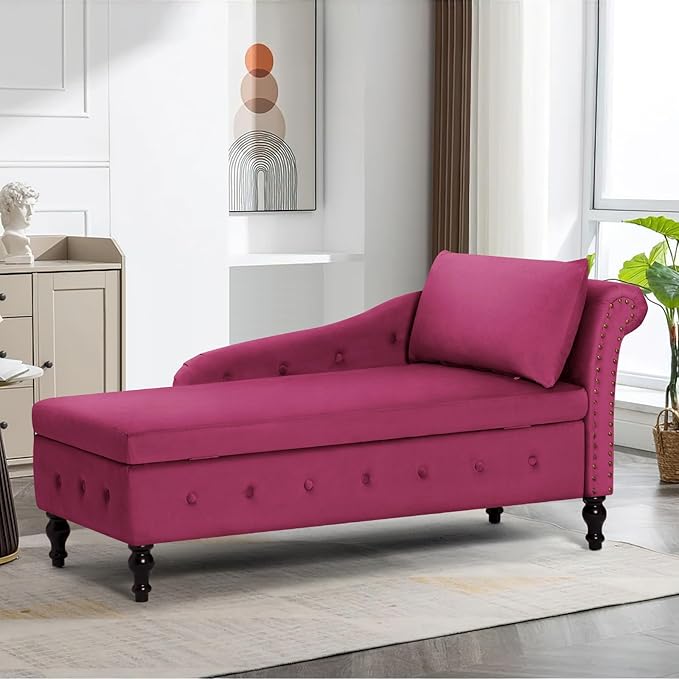 ACMEASE Upholstered Chaise Lounge with Right Armrest & Lumbar Pillow,Button Tufted Lounge Sofa with Storage,Lounge Chair Indoor,Modern Velvet Lounge Chair for Bedroom, Living Room and Office,Fuchsia