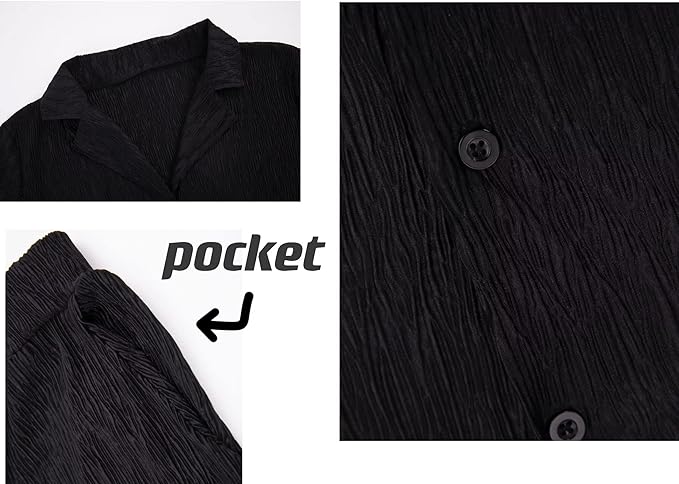Ekaliy Women's 2 Piece Casual Pleated Outfits Short Sleeve Button Down Shirt High Waist Wide Leg Trouser Sets Suit