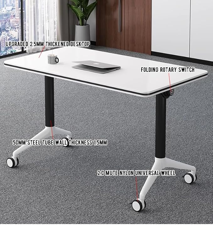JQUZPCV Conference Table Foldable Meeting Tables, Mobile Training Table with Wheels, Flip Top Rolling Seminar Meeting Table for Office,Meeting Room,classr (Grey, 63×23.6×29.5in)