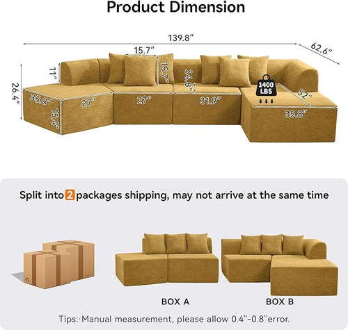140''Oversized Cloud Velvet Curved Sectional Couch, Boneless Couch with L-Shape Chaise, Upholstered Compression Memory Foam Modular Sectional Sofa for Living Room, No Assembly Required, Yellow