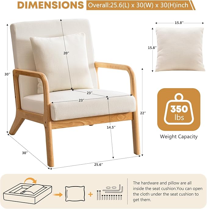 ELUCHANG Mid-Century Modern Accent Chair with Lumbar Pillow,Upholstered Armchair,Linen Fabric Comfy Reading Chair, Lounge Side Chair for Living Room Bedroom Apartment,Easy Assembly