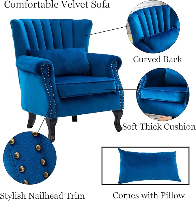DM Furniture Accent Chairs Set of 2 with Arm Comfy Living Room Chair Mid-Century Modern Wingback Side Chair Velvet Single Sofa Couch for Bedroom Guest Room, Blue