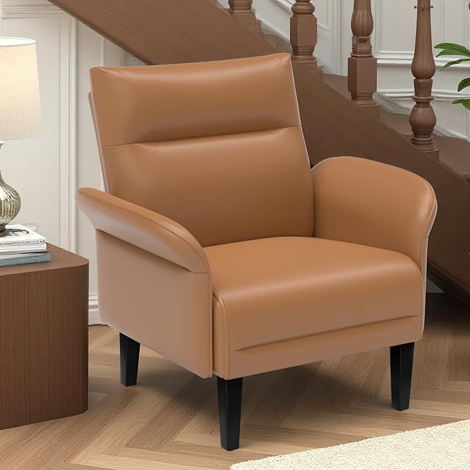 Modern Faux Leather Accent Sofa, Symmetrical Shawl Armchair with Wide Armrests & Wooden Legs, Brown Sofa Chair for Living Room, Apartment, Office