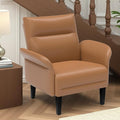 Modern Faux Leather Accent Sofa, Symmetrical Shawl Armchair with Wide Armrests & Wooden Legs, Brown Sofa Chair for Living Room, Apartment, Office