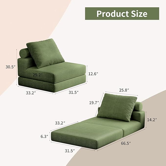 Folding Sofa Bed – Convertible Sleeper Chair Bed with Pillows/Single Floor Couch/Small Futon Couch Filled with High-Density Foam for Lounge, Guest Room or Office (Green)