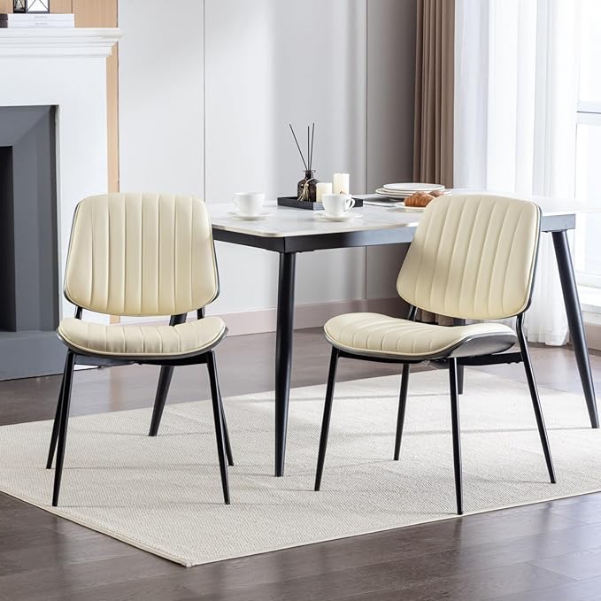 YaFiti Dining Chairs Set of 2, Mid Century Modern Accent Dining Room and Kitchen Chairs, Upholstered PU Leather Vertical Stripe Chairs for Vanity with Walnut Bentwood and Metal Legs, Beige