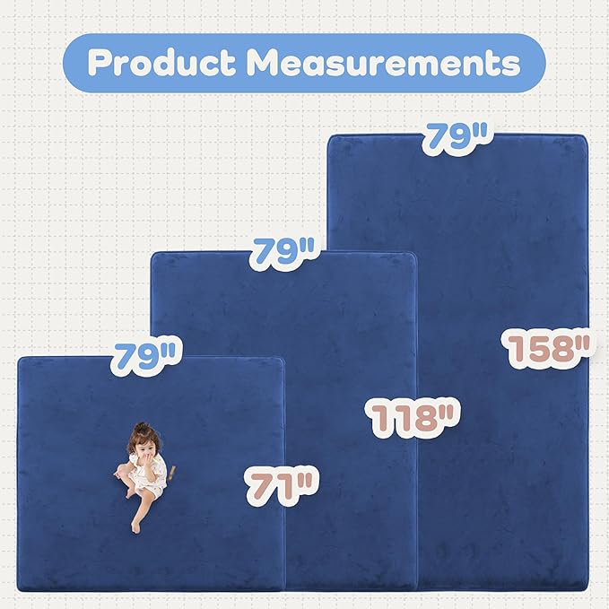 PAPAMAT 1.3" Thick Baby Floor Play Mat 71x79, Basic Padded Foam Mat for Tummy Time Crawling, Non Slip Cushioned for Babies Toddlers Infants Kids (Blue)