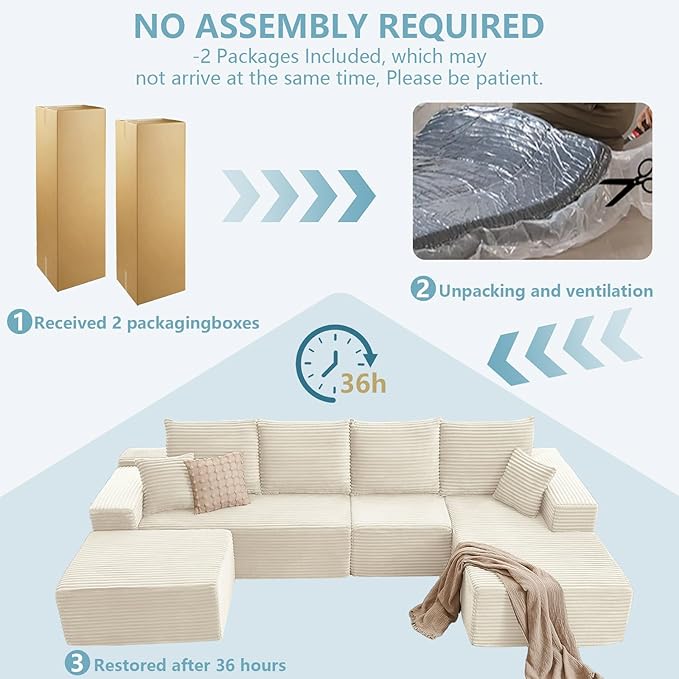 135.4" W Cloud Sectional Couch with Ottoman,Modern U-Shaped Cloud Couch with Deep Seat,Comfy Corduroy 4-Seater Sofa,Memory Foam Sofa for Living Room,No Assembly (White,Right-Facing Chaise)