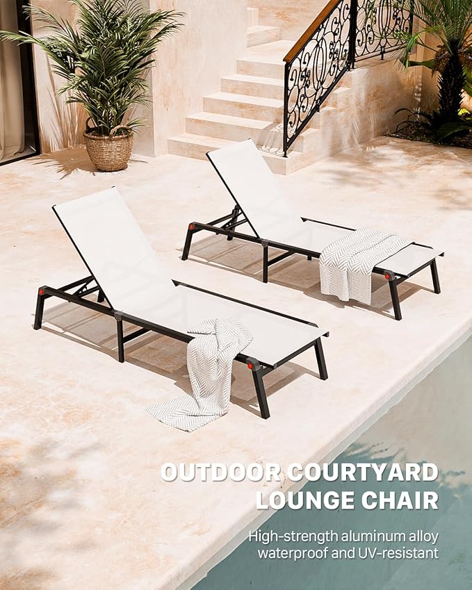WOAJNQO Aluminum Patio Chaise Lounge Chair Set of 2 with Side Table,5-Position Adjustable Backrest,Foldable Lounge Chair Outdoor,Pool Lounge Chairs for Poolside,Lawn,Deck,Beach (White, 2 Pack+Table)