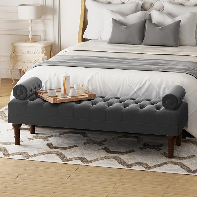 60.2" End of Bed Bench,Large Size Velvet Bench for Bedroom,Upholstered Window Bench with Button-Tufted,Entryway Bench,Storage Bench for Living Room(Gray)