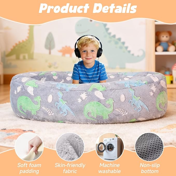 HAHASOLE Sensory Chair for Autistic Children - Foam Peapod Sensory Canoe with Non-Slip Base, Soft Cover Machine Washable, Calming Cocoon for Kids (Gray)
