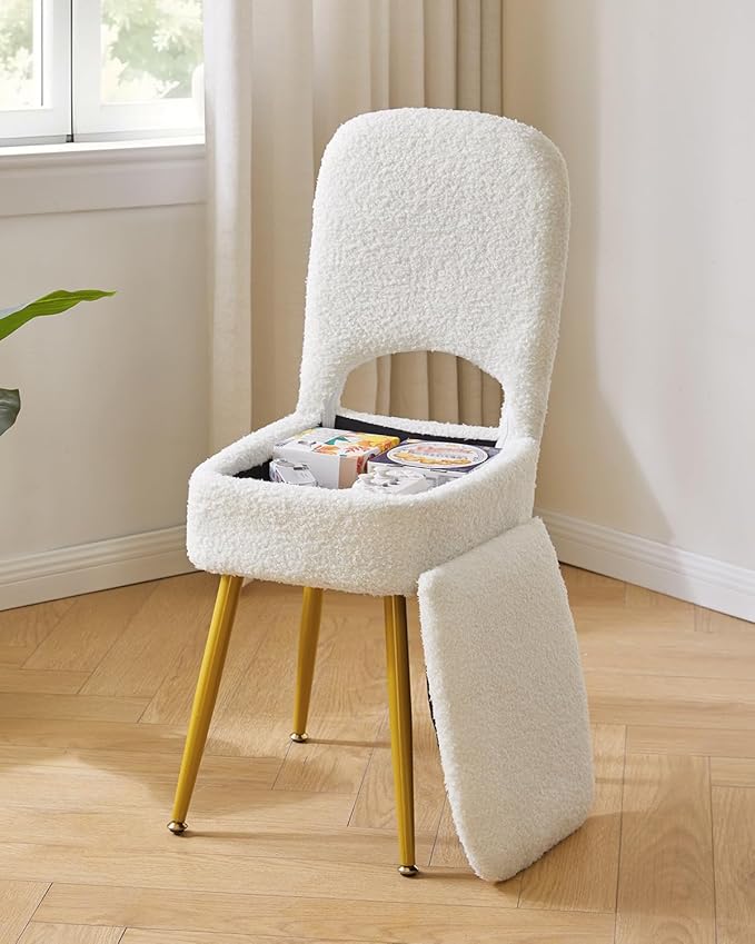 IBUYKE Small Storage Vanity Stool with Folding Backrest, 12.99" x 13.78" x 31.5" Square Teddy Velvet Ottoman, Makeup Chair for Living Room, 4 Metal Legs with Anti-Slip Feet, White WBD027W