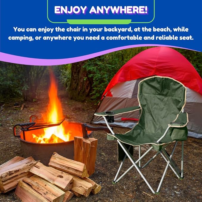 EZONE 4-Pack Camping Chairs with Built-in Ice Cooler, Portable Chair, Storage Pocket, Cup Holder, and Carry Bag Perfect for Camping, Tailgating, Fishing, Beach, and Lawn (4, Olive Green)
