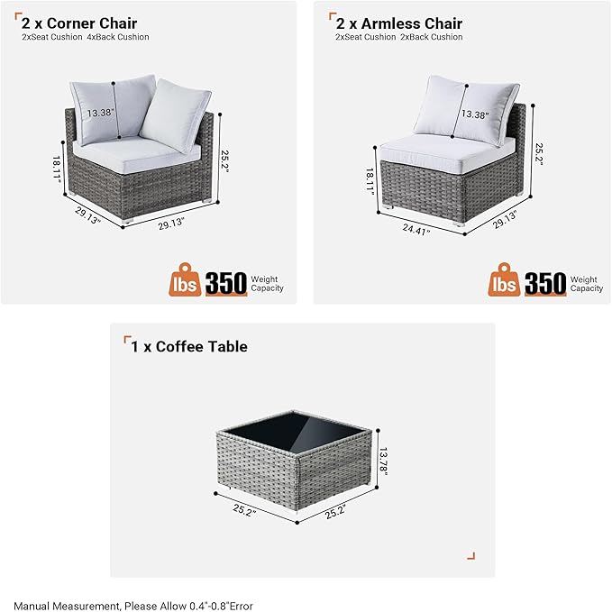 ovios Outdoor 5 Piece Coversation Set with Coffee Table,Sectional Patio Furniture Set with All-Weather Wicker Sofa,Modern Outside Couch for Balcony Backyard Pool, Grey