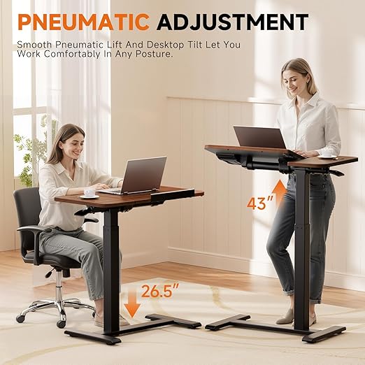 GTRACING Overbed Bedside Table with Wheels,Tiltable Hospital Bed Table Over The Bed, Pneumatic Adjustable Rolling Laptop Desk, Mobile Standing Desk for Hospital and Home Use (Walnut)