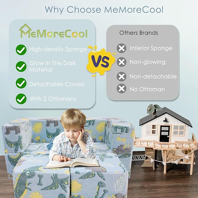 MeMoreCool Glow-in-The-Dark Dinosaur Kids Loveseat - Modular Toddler Play Couch That Folds Out, Convertible Foam Chair & Mini Sofa Bed with Washable Plush Cover, 2-Seat Playroom Furniture