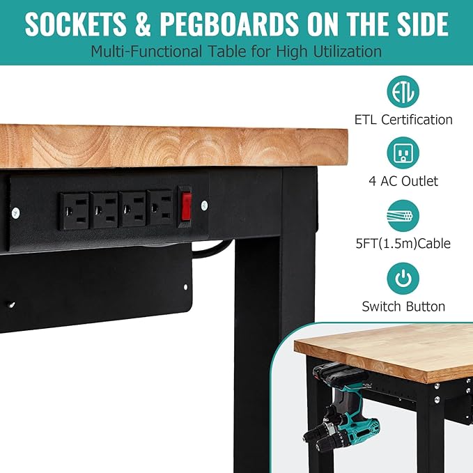 60 Inch Adjustable Height Rubber Wood Garage Workbench, Heavy Duty 3000LBS Work Bench with Drawers & Pegboard & Power Outlets Work Table for Garage, Workshop, Home Office