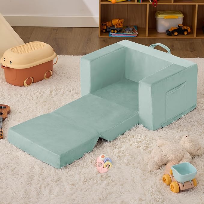 Kids Couch, 2-in-1 Toddler Chair Comfy 1-3 Years, Convertible Kids Chair, Toddler Couch That Fold Out, Kid Lounge Chairs for Boys and Girls, Soft Coral Fleece, Single, Teal