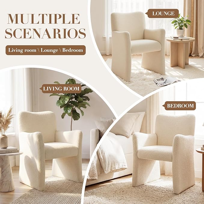 CIMOTA Boucle Dining Chairs Set of 6, Sherpa Upholstered Accent Chairs with Arms/Wood Legs, Comfortable Kitchen Chairs for Living/Reception/Dining Room, Beige