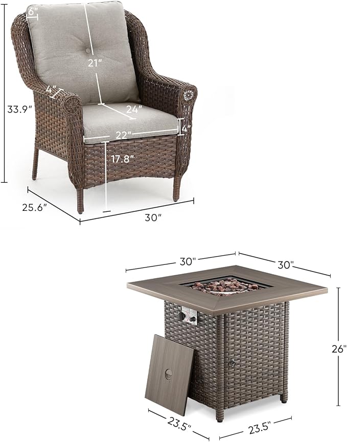 ACTREST Outdoor Patio Chairs with Fire Pit Table 5 Piece Set - High Back Brown Wicker Rattan Lawn Chair with Thick Cushion for Porch Apartment Deck Yard Poolside Garden - Beige