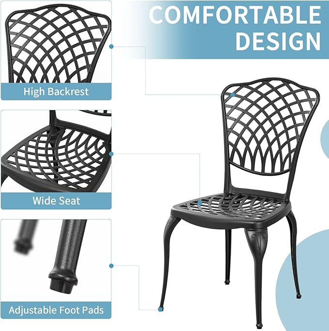 Withniture Bistro Set 3 Piece Outdoor Rust Resistant Bistro Table and Chairs Set of 2 with Umbrella Hole, Large Table Outdoor Bistro Set, Cast Aluminum Patio Set for Garden, Porch(Black)