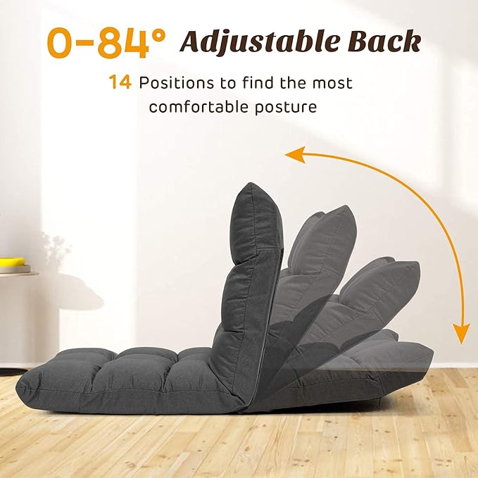 Giantex Adjustable Floor Gaming Sofa Chair 14-Position Cushioned Folding Lazy Recliner High Resilience Sponge, Breathable Cotton & Linen Fabric Sleeper Bed Couch Recliner with Removable Cover (Gray)