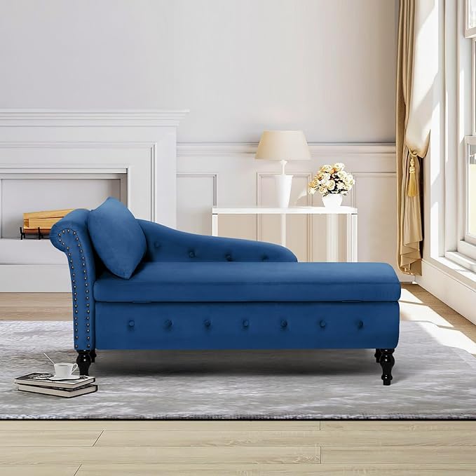 ACMEASE Upholstered Velvet Chaise Lounge with Left Armrest & Storage Space,Button Tufted Lounge Chair w/Lumbar Pillow,Modern Lounge Chair for Bedroom, Living Room and Office,Blue