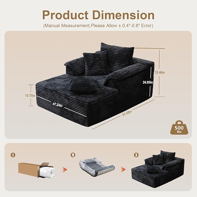 Oversized Chaise Lounge Chair Indoor, Upholstered Single 61'' Rolled Arm Boneless Cloud Sofa Bed Sleeper Couch, No Assembly Faux Rabbit Fur Memory Foam Reading Chair for Living Room Bedroom Black