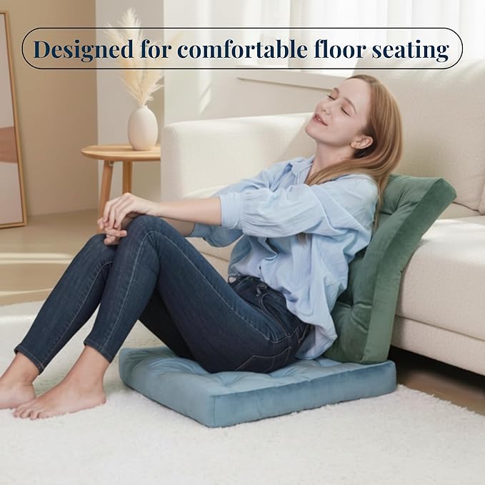 Velvet Floor Pillow Set of 2, Square Large Pillows Seating for Adults, Tufted Cushions for Meditation, Yoga Tatami Living Room Chair, Machine-Washable & Dryer-Safe, Pastel Blue, 22x22 Inch