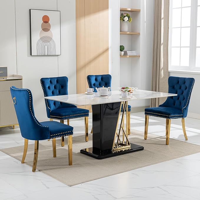 YeahFurn Mid Century Modern Dining Chairs Set of 4, Blue Velvet Upholstered Tufted Back, Kitchen & Dining Room Chairs, Gold Metal Legs, Nailhead Trim, Sillas para Comedor (Blue, 4 Pcs)