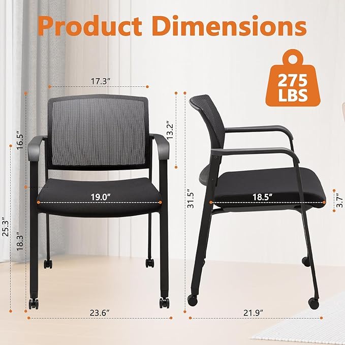 CLATINA Rolling Conference Chairs, 1 Pack Stackable with Wheels and Paddle, Ergonomic Mesh Back and Arms for Meeting, Training Room & Home Office (Black)