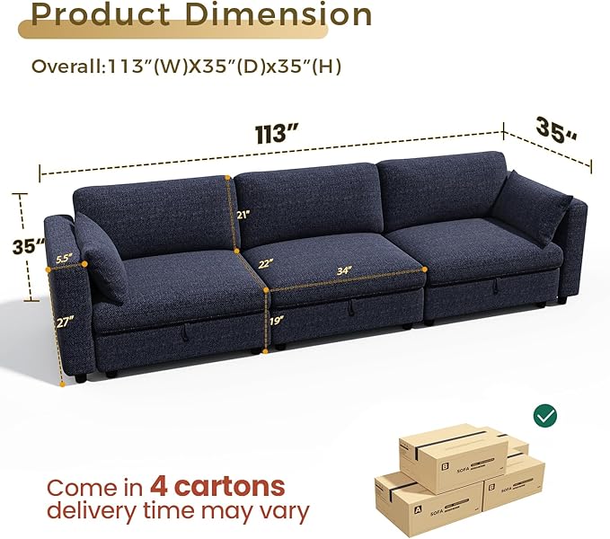 KKL Modular Sectional Sofa Couches for Living Room, 113" Sofa Couch with Adjustable Backrest, 3 Seater Sofa Couch with Comfy Cushion, Chenille, Blue