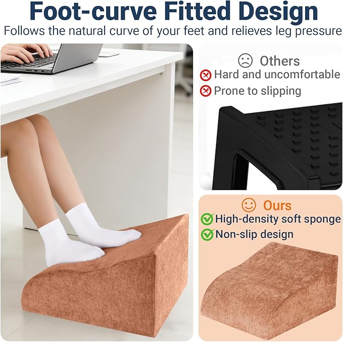 Foot Rest for Under Desk at Work, Ergonomic Under Desk Footrest with Washable Cover for Office, Home & Gaming Leg Elevation Pillow Brown