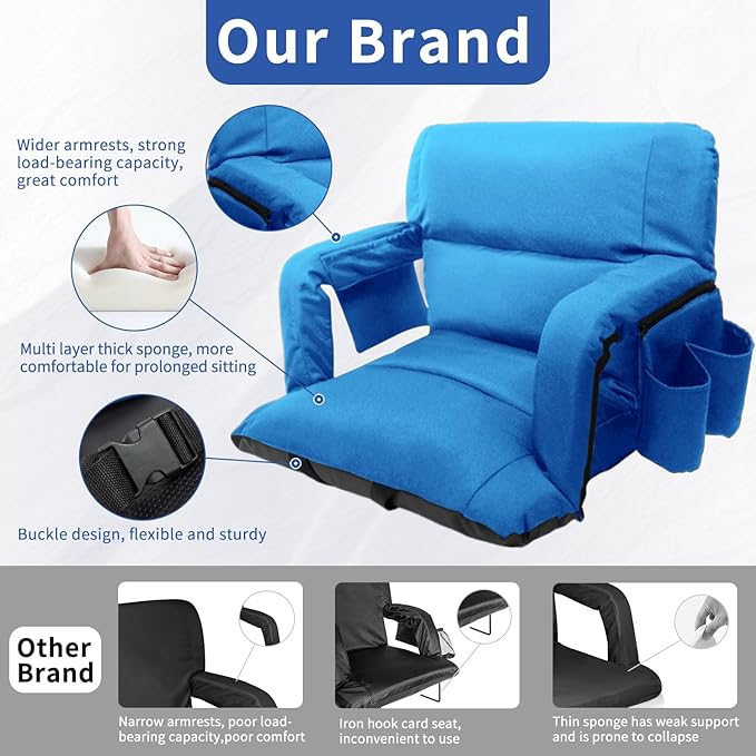 Stadium Seats with Back Support,Wide Stadium Chairs with Back and Cushion, Sofa Style Stadium Seats, 6 Reclining Positions, Extra Thick Bleacher Seat for Sports Events (Blue-2 Pack,Wide|25")