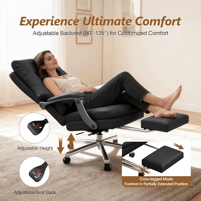 WXJHL Big and Tall Office Chair 600 lbs Wide Seat, Leather High Back Executive Office Chair with Leg Rest, Ergonomic Desk Chairs with Lumbar Support for Home Office, Black