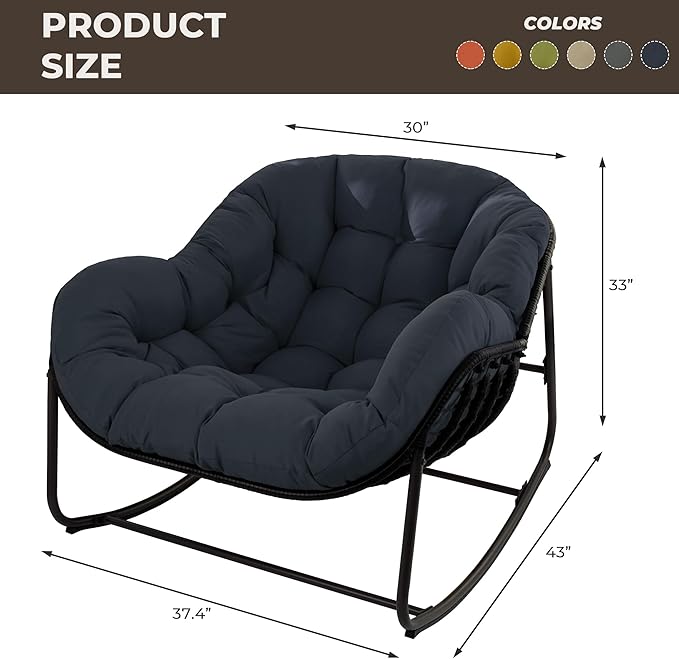 Sgentle Papasan Rocking Chair Outdoor, Oversized Patio Rocking Chair with Cushions & Steel Frame, Wicker Egg Lounge Chair Indoor, Comfy Reading Chair for Patio, Deck, Porch (Blue, Style 1)