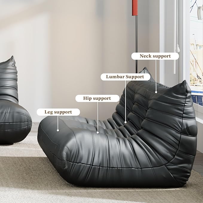 Comfy Lazy Floor Sofa Couch,Soft Armless Chair,Faux Leather Lounge Chair,Corner Relax Sofa Couch for Living Room Bedroom,Salon Office,Adults(Black+1P+ Ottoman)