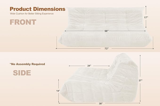 Bean Bag Chair,Giant Beanbag Chairs for Adults,Comfy Large Fireside Chair Lazy Sofa,Corduroy Bean Bag Lounger with Memory Foam Filled,Floor Sofa Couch for Home,Living Room (Beige, 3-Seater)