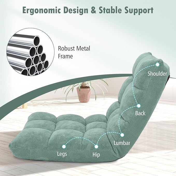 IFANNY Floor Chair with Back Support, Foldling Gaming Sofa Chair with Comfy Cushion, Adjustable 14-Position Meditation Chairs, Lazy Lounge Recliner Reading Seat for Adults, Kids (Green)