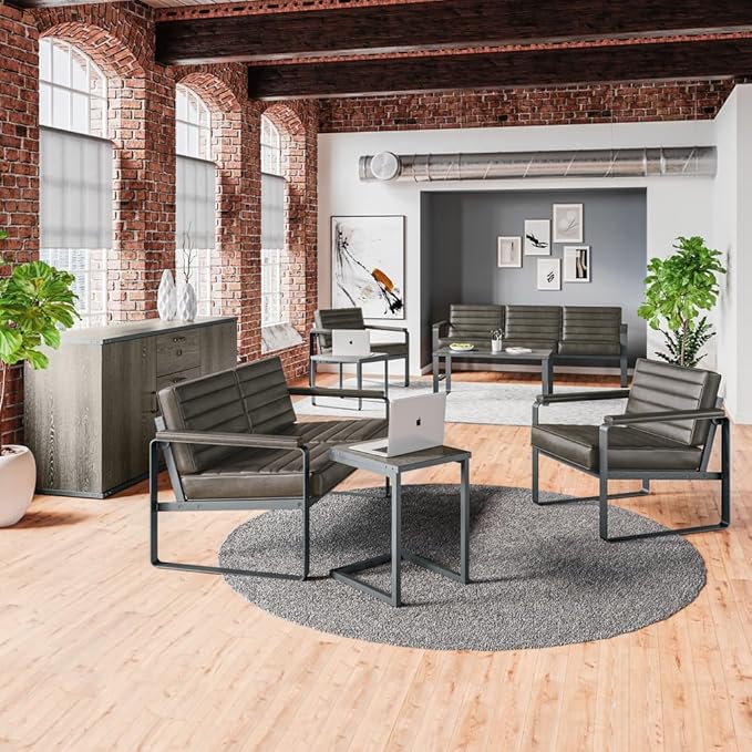 NBF 3 Seat Office Lounge Sofa - Warm Cognac Polyurethane Upholstery with Charcoal Metal Frame - Modern Waiting Room Sofa Bench - 78.75" W x 30.75" D x 29.5" H