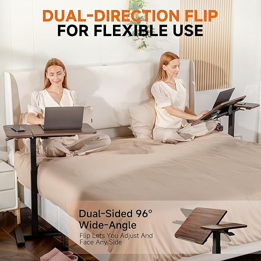 GTRACING Overbed Bedside Table with Wheels,Tiltable Hospital Bed Table Over The Bed, Pneumatic Adjustable Rolling Laptop Desk, Mobile Standing Desk for Hospital and Home Use (Walnut)