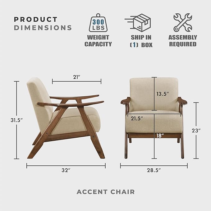 Lexicon Mid Century Modern Accent Chair with Solid Wood Frame in Walnut Finish, Upholstered Living Room Lounge Arm Chair, Thick and Comfy Innerspring Seat Cushion, Linen-Look Fabric, Light Brown