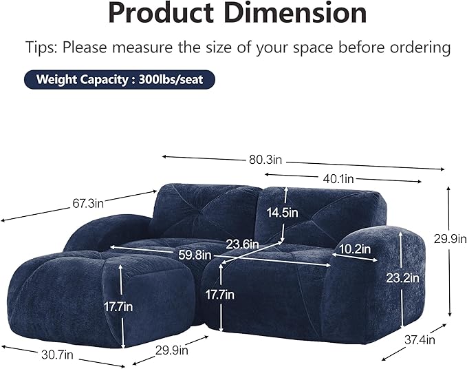 Modular Sectional Sofa with Free Combination,Boneless Floor Couch for Small Spaces, Living Room & Lounge,Velvet 2-Seater Sectional Couch with Ottoman,No Assembly Needed