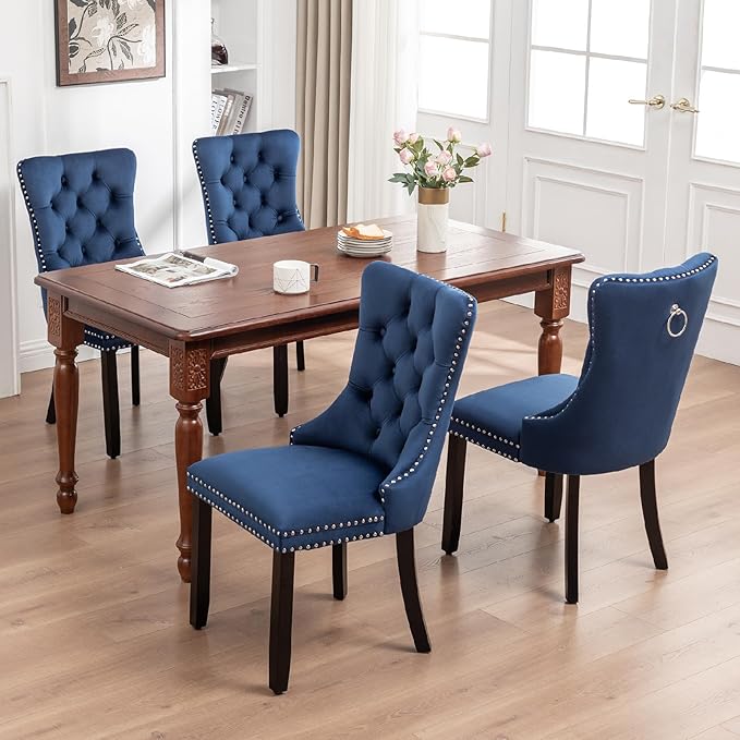 Kiztir Velvet Dining Chairs Set of 4, Upholstered Dining Chair with Nailhead Trim and Solid Wood Legs, Navy Luxury Wingback Dining Side Chair for Living Room, Bedroom, Kitchen (Blue)