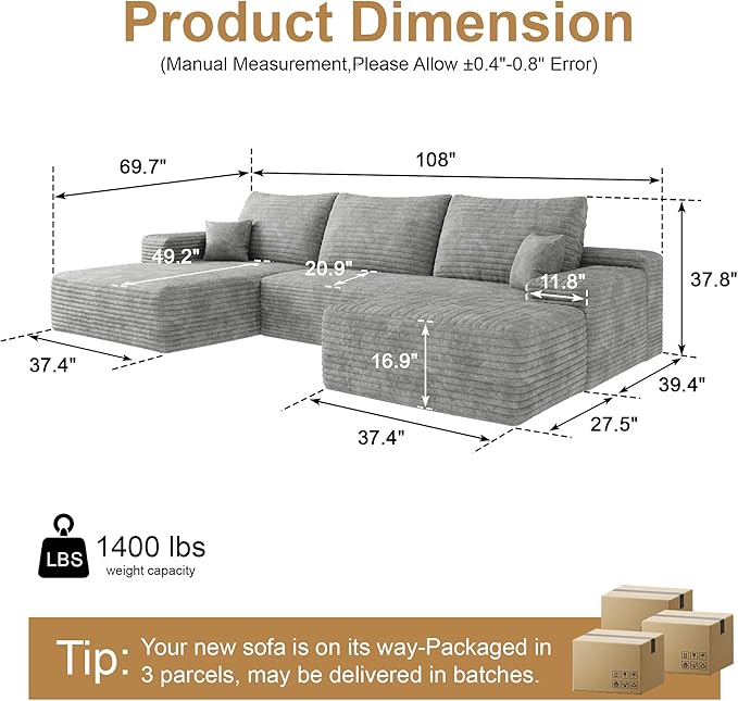 AUGOP 108" Sectional Couches for Living Room Modern Modular Sofa with L-Shape Couchs Upholstered Boneless Couch Deep Seat Sectional Couch with Chaise (Grey, Left Facing Chaise+2Seaters+1Ottoman)