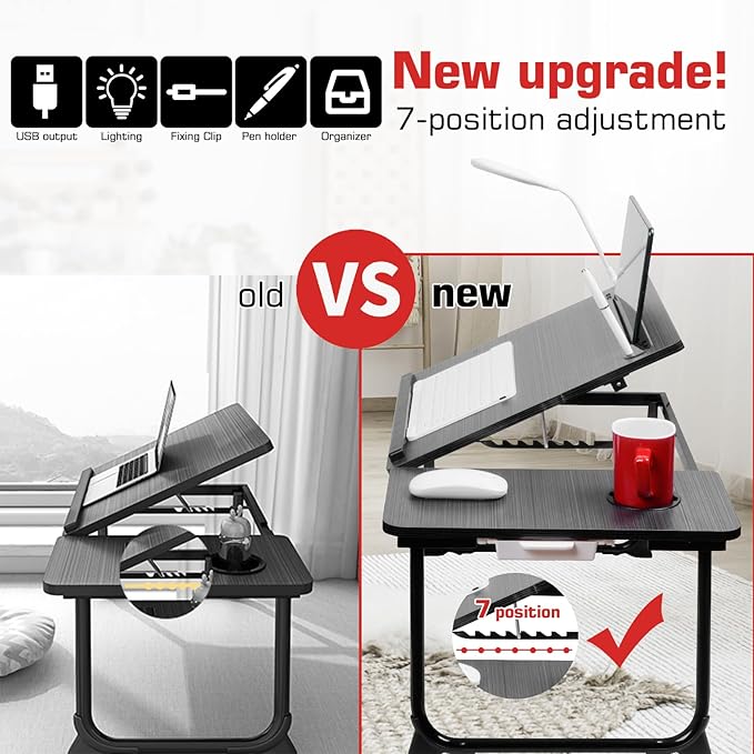 CloudTrip Plus XL Adjustable Laptop Desk with Light, USB Port, iPad Holder, Drawer Storage - Larger 23.6IN Adjustable Lap Desk for Bed, Home Office, Breakfast Tray, Fordable Legs Desk (Black)